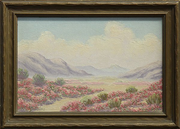 Charles W. Nicholson painting and watercolor: (lot of 2) Charles Wesley Nicholson (American, 1886-1965), Desert Clouds, oil on board, signed lower left, and House at Sunset, watercolor, initialed "AMB" lower right, 20th century, largest overall (
