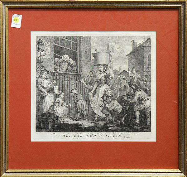 Prints, William Hogarth: (lot of 2) William Hogarth (British, 1697-1764), "The Enraged Musician," and "The Distrest Poet," 1740, later impressions, engravings, overall (with frame/each): 24.5"h x 25.5"w