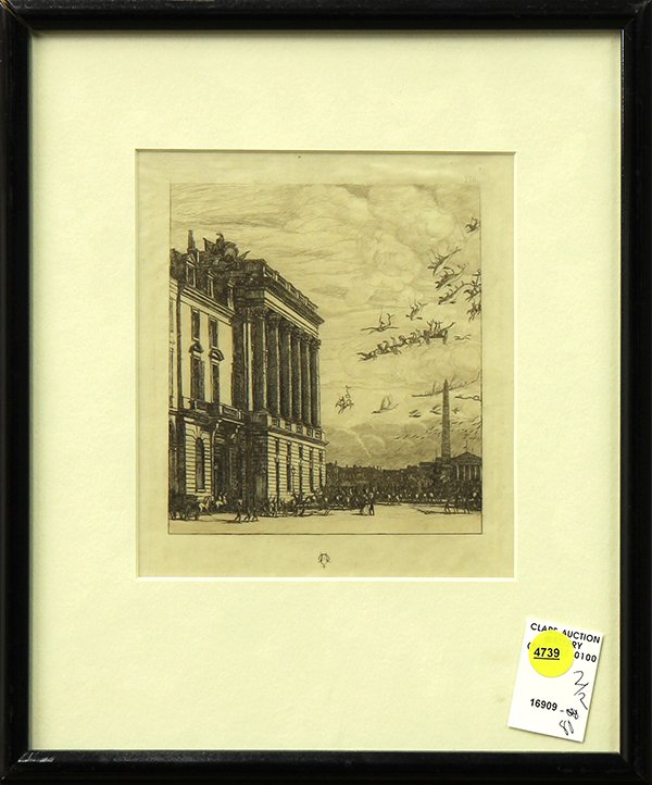 Prints, Charles Meryon and Lucien Gautier: (lot of 2) Charles Meryon (French, 1821-1868), "Le Ministre de la Marine," engraving, monogramed lower center margin, and Lucien Marcelin Gautier (French, 1850-1925), "Rue Galande a Paris," engraving,