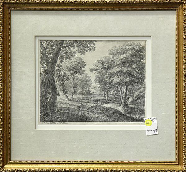 Print, Anthonie Waterloo, Path Through the Woods: Anthonie Waterloo (Flemish, 1610-1690), "Le Chemin a Travers du Bois (Path Through the Woods)," engraving, plate signed lower left, overall (with frame): 18"h x 20"w. Provenance: Barclay Simpson Fine