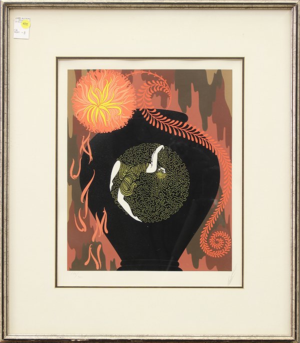 Print by Erte: Romain (Erte) De Tirtoff (French/Russian 1892 - 1990), "Autumn Song," serigraph, pencil signed lower right, edition 198/300, published by Circle Gallery, overall (with frame): 28"h x 24.75"w