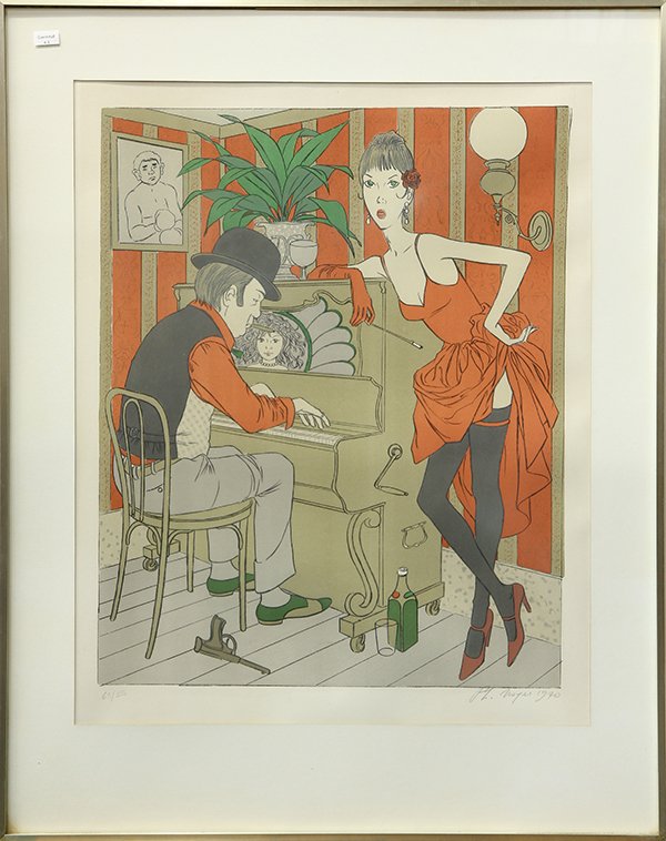 Print, Philippe Henri Noyer: Philippe Henri Noyer (French, 1917-1985), Piano Player and Dancing Girl, color lithograph, signed lower right, edition 63/150, overall (with fframe): 31.5"h x 26.25"w. Provenance: Property from a priv
