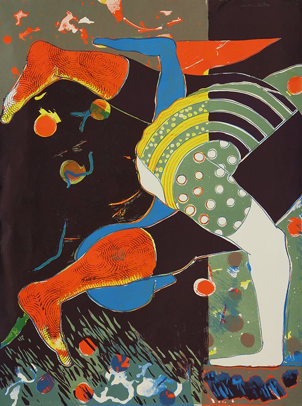 Print by Jose Maria Bustos: (lot of 2) Jose Maria Bustos (American, Contemporary), Untitled, color lithograph, pencil signed upper right, edition 16/38, sheet: 40''h x 30.25''w; American School (20th century), ''Wallenberg,'' co