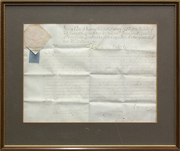 17th century document from Henry Earl of Romney: 17th century document from Henry Earl of Romney, Viscount Sydney to Captain James Waller, dated 1694, executed on vellum and having an embossed seal, the document appoints Waller as shopkeeper for the