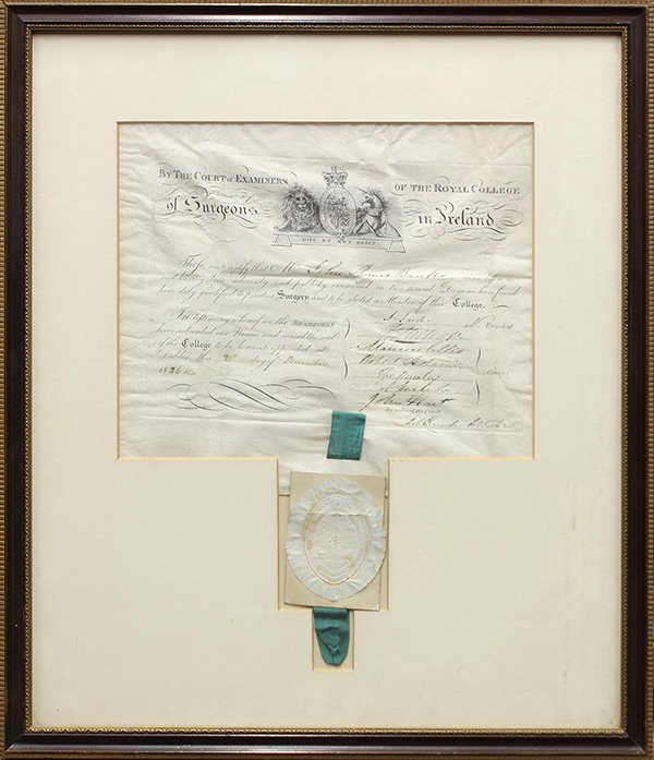 Early 19th century licensing document inducting John: Early 19th century licensing document inducting John Thomas Banks into the Royal College of Surgeons, Ireland, dated 1836 and signed by President Arthur Jacob, retains ribbon and embossed seal, framed