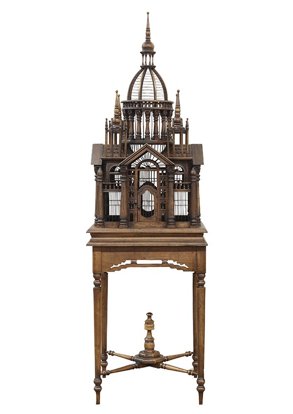 Victorian style architectural birdcage, circa 1940,: Victorian style architectural birdcage, circa 1940, with antique elements, of Cathedral form, having a center dome topped with a spire surrounded with turrets, the peeked porticos on each side are fla