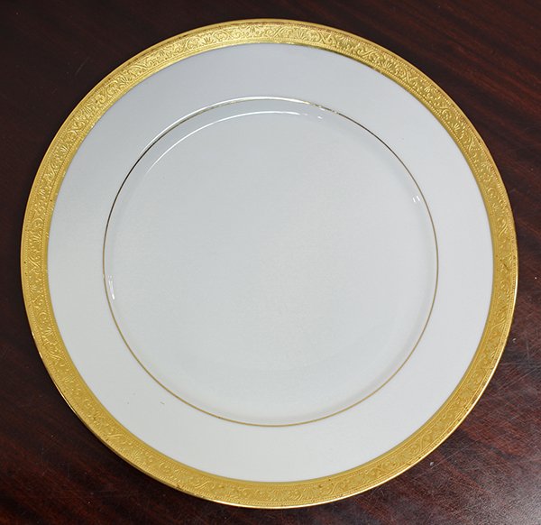 (lot of 89) Limoges china partial dinner service, each: (lot of 89) Limoges china partial dinner service, each having a gilt decorated border, consisting of (26) dinner plates, (14) salad plates, (15) dessert plates, (3) bread plates, (13) soup bowls, (12)