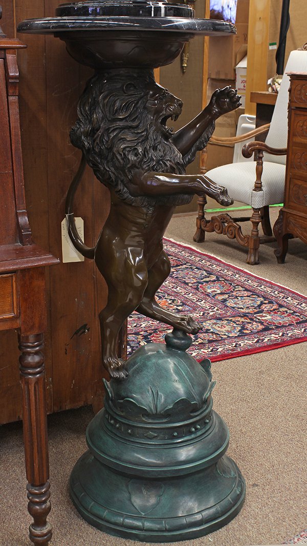 Patinated bronze figural pedestal, after and signed P: Patinated bronze figural pedestal, after and signed P.J. Mene, the circular marble top surmounting the rampant lion, depicted in classic pose, and rising on a graduated plinth, signed indistinctly, 48