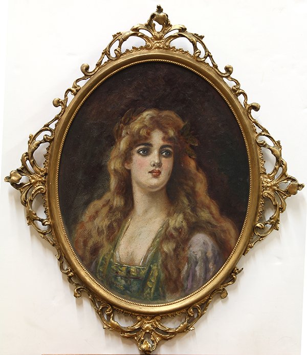 Painting, A.D.M. Cooper: Astley David Middleton (A.D.M.) Cooper (American, 1856-1924), Lorelei, 1921, oil on board, signed and dated lower left/center, canvas (oval): 20"h x 16"w, overall (with frame): 29"h x 24"w