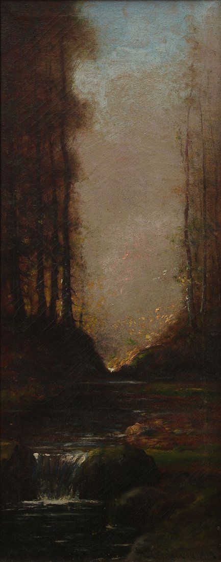 Painting, A.D.M. Cooper: Astley David Middleton (A.D.M.) Cooper (American, 1856-1924), Sunset Clearing, 1914, oil on canvas, signed and dated lower right, canvas: 20"h x 8"w, overall (with frame): 23.75"h x 11.75"w