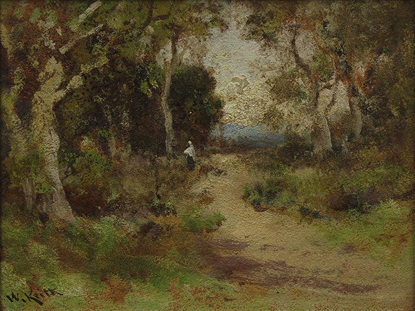 Painting, William Keith: William Keith (American, 1838-1911), Figure Walking on a Path, oil on board, signed lower left, sight: 7"h x 9"w, overall (with frame): 14"h x 16.25"w