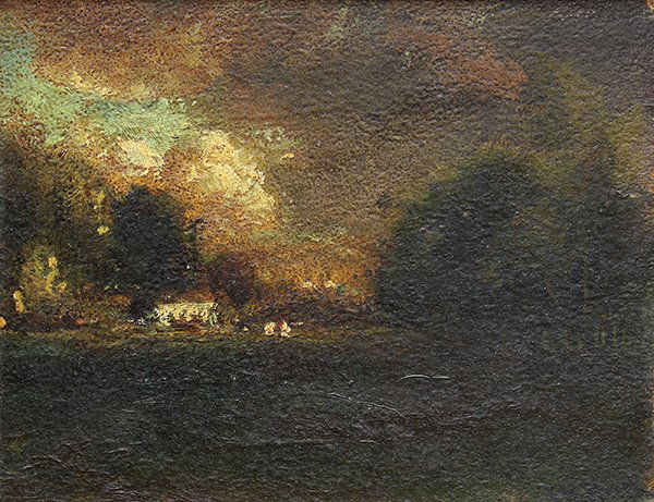 Painting, William Keith: William Keith (American, 1838-1911), Storm Clouds Approaching a Farm, oil on board, signed lower right, sight: 7"h x 9"w, overall (with frame): 14"h x 16.25"w