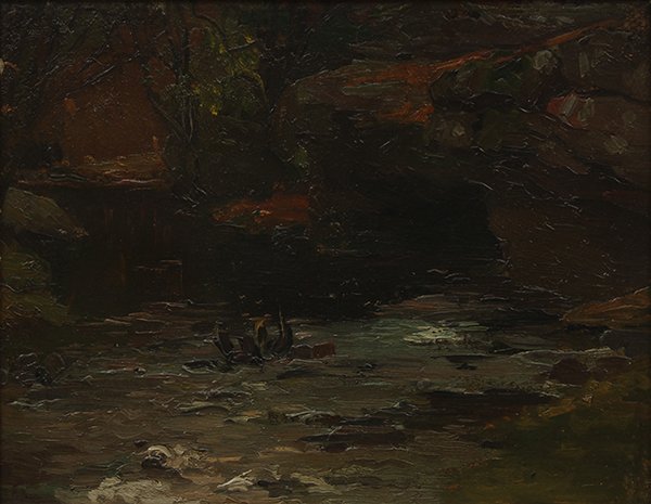 Painting by Gustane Cimiotti: Gustane Cimiotti (American, 1875-1969), "The Pool," oil on board, R.H. Love Galleries Inc. (Chicago, IL) label verso, board: 8"h x 10"w, overall (with frame): 13"h x 15"w