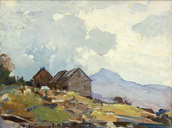 Painting by Chauncey Ryder: Chauncey Ryder (American, 1868-1949), View of Moonshiner's Cabin, oil on masonite, signed lower left center, sight: 11.5"h x 15.5"w, overall (with frame): 16''h x 20''w. Provenance: Estate of Dr. and 