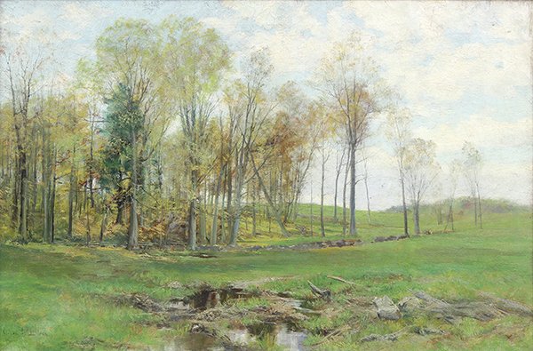 Painting by Olive Parker Black: Olive Parker Black (American, 1868-1948), "An October Day," oil on canvas, signed lower left, titled inscribed verso (on top stretcher bar), canvas: 20"h x 30"w, overall (with frame): 30"h x 40"w