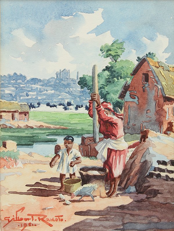 Watercolors by Gilbert Rakoto: (lot of 2) Gilbert Rakoto (Malagasy, 20th century), Woman with Child Preparing Rice with the Palace in the Background and Figures near Thatched House by the Sea, 1961, watercolors, each signed and dat
