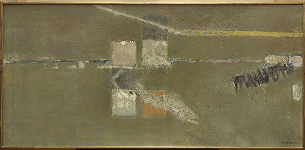 Painting by Arthur Okamura: Arthur Okamura (American, 1932-2009), "Sanctuary," 1959, oil on canvas, signed and dated lower right, bears title label verso, canvas: 24"h x 50"w, frame: 25"h x 51"w. Provenance: Charles Feingarten G
