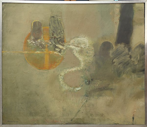 Painting by Arthur Okamura: Arthur Okamura (Californian, 1932-2009), "Visions of a Moon Bird," 1958, oil on canvas, signed and dated lower left, titled verso, bears Charles Feingarten Galleries, Chicago, San Francisco, Carmel la