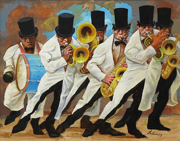 Painting by Frank Nelson Ashley: Frank Nelson Ashley (American, 1920-2007), "Jazz #58, Six Men, Storyville Marching Band in Top Hats," oil on board, signed lower right, titled verso, board: 22''h x 28''w, overall (with frame): 30.5''