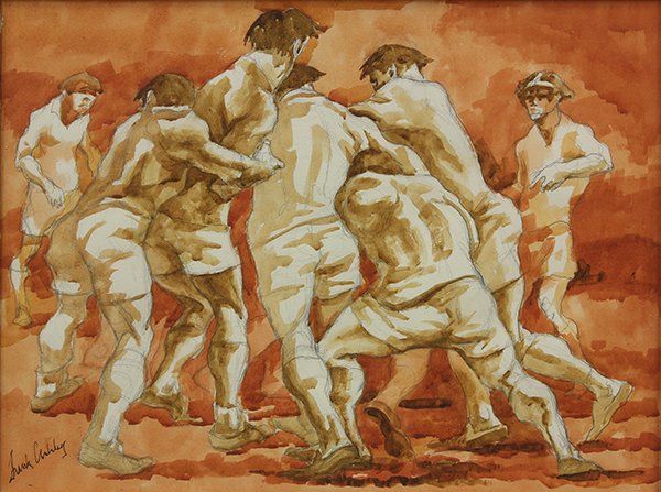 Watercolor by Frank Nelson Ashley: Frank Nelson Ashley (American, 1920-2007), "Rugby: Scrum #2," watercolor, signed lower left, titled verso, sight: 19.75''h x 26''w, overall (with frame): 28.75''h x 35''w