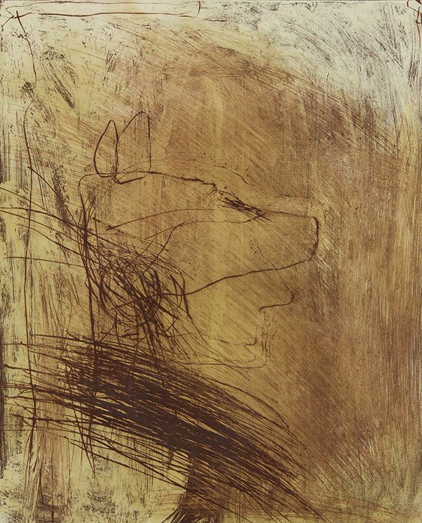 Print, Nathan Oliveira, Dog Man: Nathan Oliveira (American, 1928-2010), "Dog Man," 1994, drypoint with soap ground and spit bite aquatint, pencil signed lower right, edition 12/35, published by Crown Point Press, image: 29.75"h x 23.