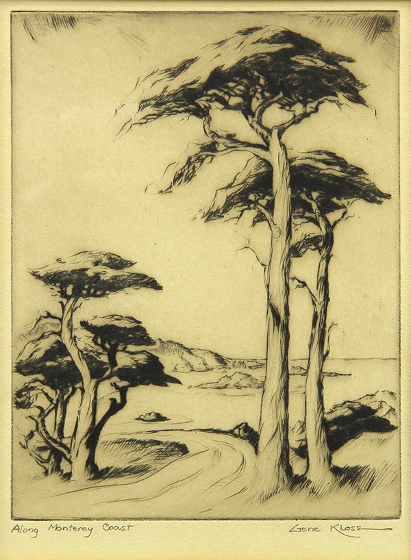 Print, Gene Kloss, Along Monterey Coast: Gene Kloss (American, 1903-1996), "Along Monterey Coast," drypoint etching, pencil signed lower right, titled lower left, image: 6.5"h x 5"w, overall: 24"h x 19"w