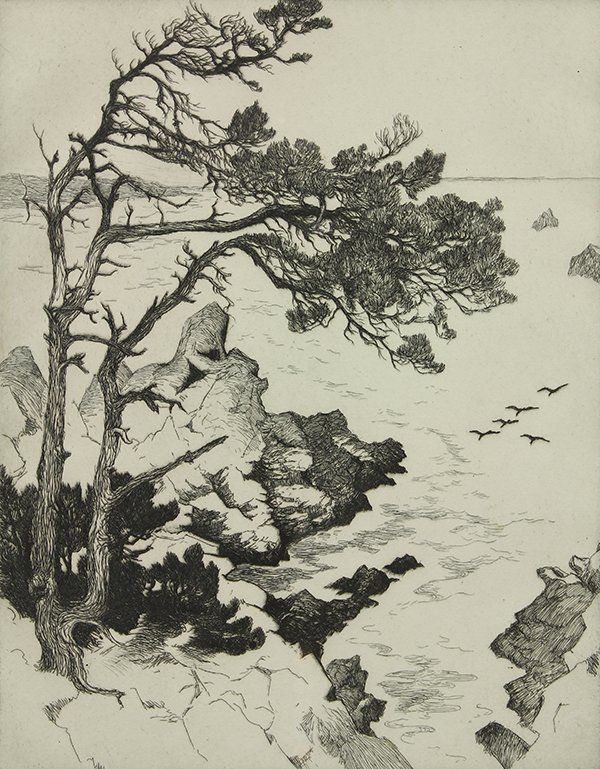 Print, Gene Kloss, Pines and Pelicans: Gene Kloss (American/Taos, 1903-1996), "Pines and Pelicans," etching, pencil signed lower right, sight: 14"h x 10.75"w, overall: 22.75"h x 17.75"w. Provenance: Estate of Dr. and Mrs. George Felts (Pie