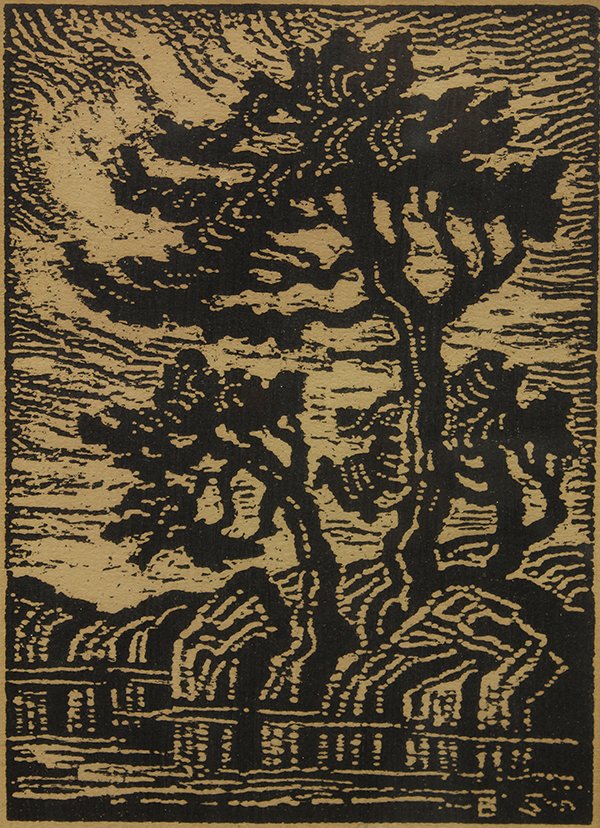Print, Birger Sandzen, Golden Clouds: Birger Sandzen (American/Sweden, 1871-1954), "Golden Clouds," woodblock print, pencil signed lower left, titled lower right, sight: 5.75"h x 4"w, overall: 17"h x 12.5"w. Provenance: Estate of Dr. and 