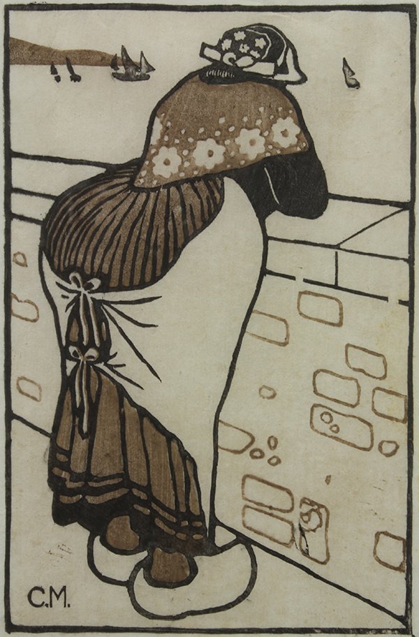 Print, Carl Moser: Carl (Karl) Moser (German, 1873-1939), "In Erwartung," 1914, color woodcut, plate initialed lower left, image: 13"h x 8.5"w, overall: 22.25"h x 17.25"w. Provenance: Barclay Simpson Fine Arts Gallery (