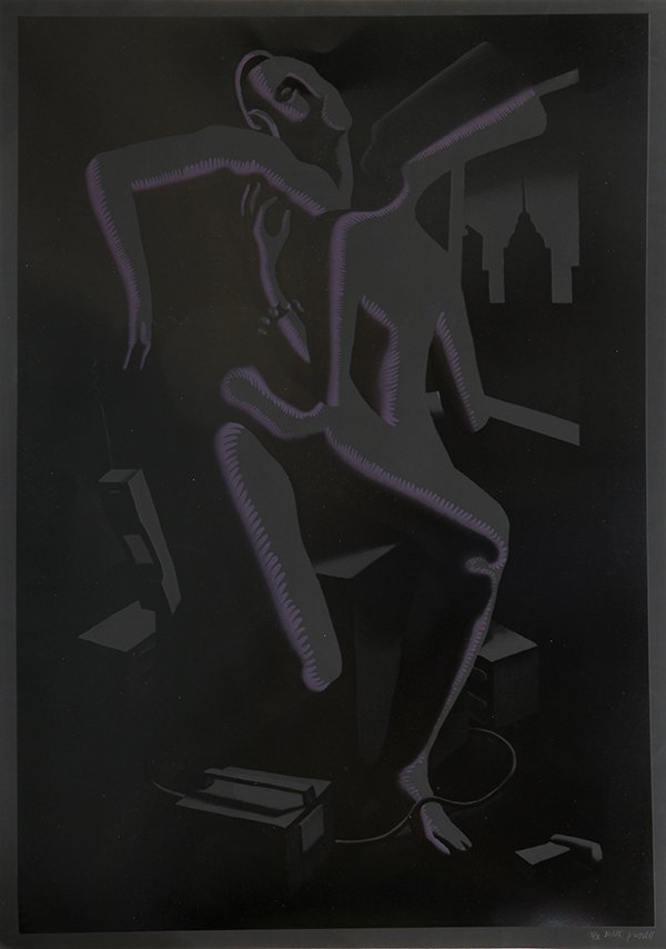 Prints by Mark Kostabi: (lot of 2) Mark Kostabi (American, b. 1960), Unitiled (Purple and Grey Lovers on Black) and Untitled (Purple and Gray Lovers on White), 1986, serigraphs, each signed lower right, each from an edition