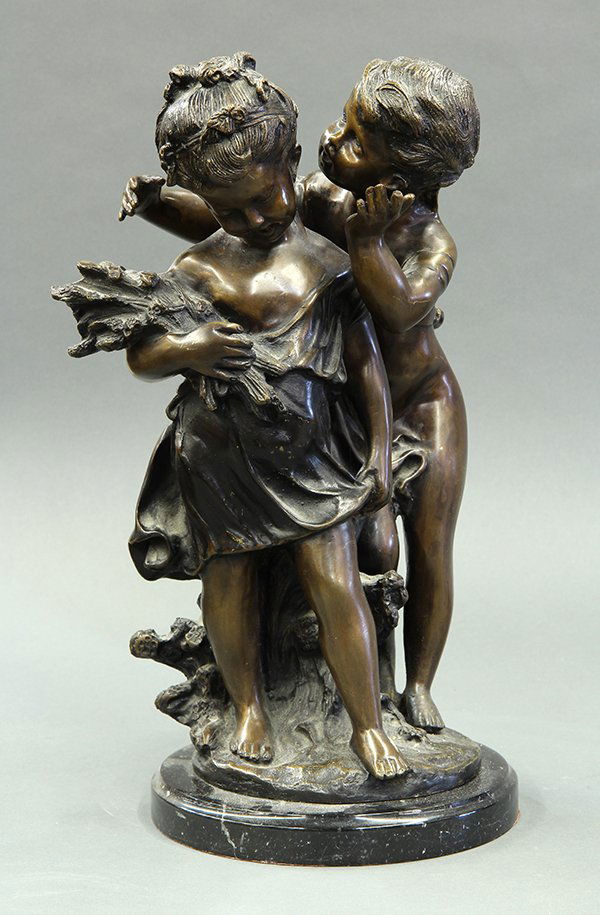 Bronze, After Auguste Moreau: After Auguste Moreau (French, 1834-1917),Young Girl and Boy Talking in Her Ear, bronze sculpture, bears signature lower base, overall: 16.75"h x 8"w x 7.5"d