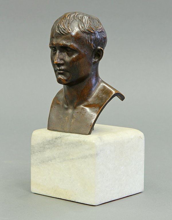 Bronze sculpture, Continental School (20th century): Continental School (20th century), Bust of a Man, bronze sculpture on marble base, unsigned, overall: 8''h x 3.75''w x 3.5''d