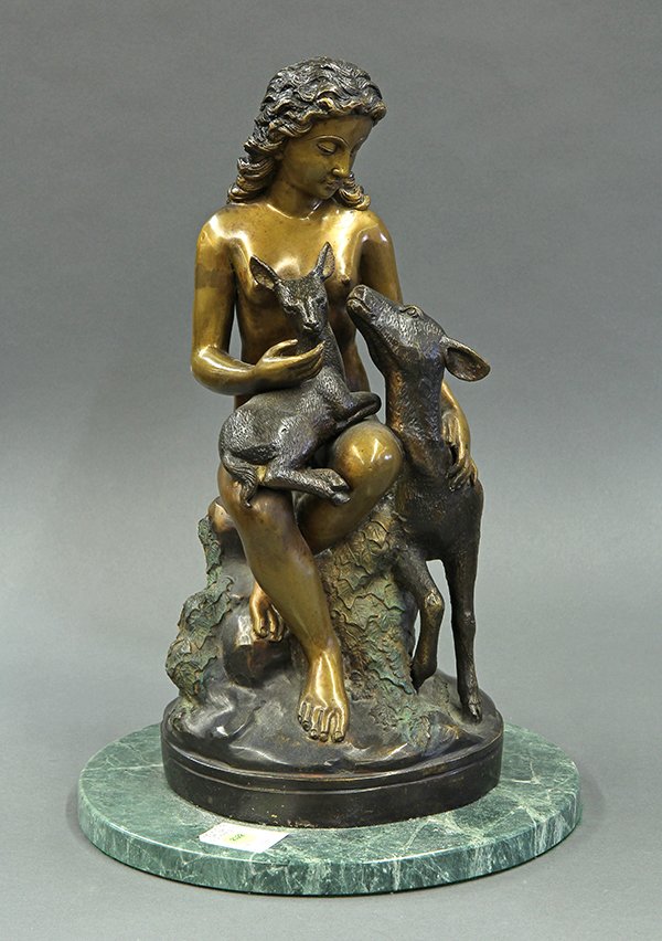 Bronze sculpture, Continental School (20th century): Continental School (20th century), Girl with Fawns, bronze sculpture, unsigned, overall: 18''h x 12''w x 12''d