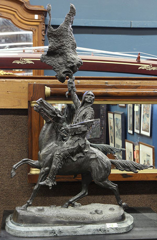 Sculpture After Frederick Remington: After Frederic Remington (American, 1861-1909), Buffalo Signal, bronze sculpture atop a marble base, bears signature upon base, overall: 35''h x 20.5''w x 11''d