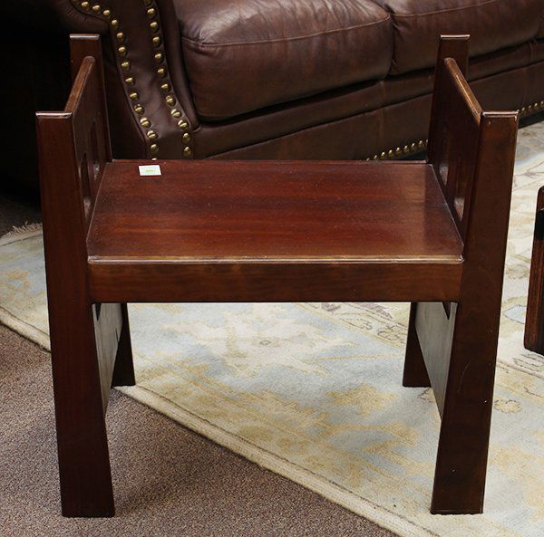 Arts and Crafts style window bench, after a design by: Arts and Crafts style window bench, after a design by Charles Limbert, the cut out form with a plank seat, and rising on reverse tapered legs, 24"h x 25"w x 16.5"d