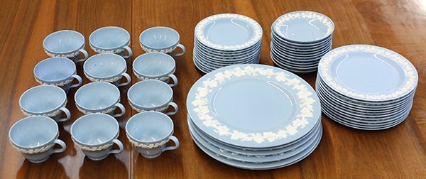 (lot of 42) Wedgwood embossed blue Queensware china: (lot of 42) Wedgwood embossed blue Queensware china partial table service, consisting of (6) dinner plates 10.5"dia., (12) cups and (11) saucers, (12) bread plates and (12) luncheon plates