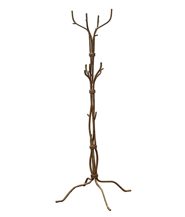 Moderne wrought iron tree form coat rack: Moderne wrought iron tree form coat rack, having a distressed polychrome decorated surface covering the naturalistic form with tree branch hooks, and rising on outswept legs 71"h