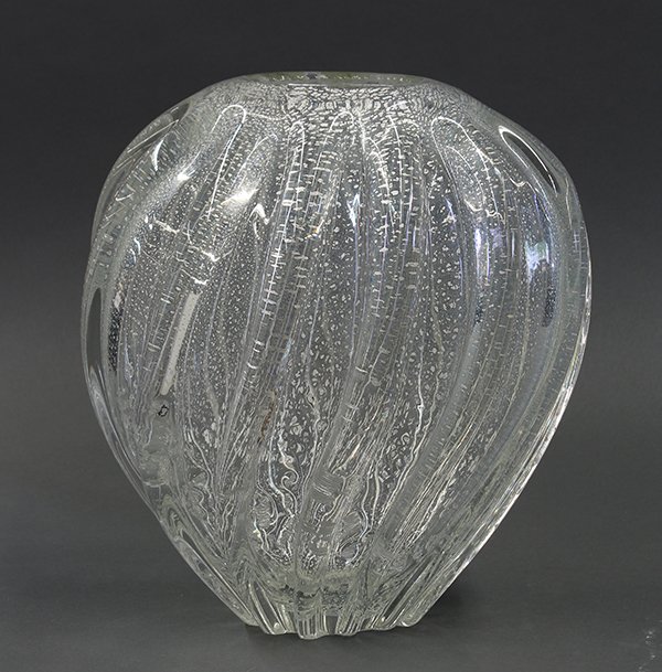 Italian vase: Italian vase, attributed to Barovier, having a ribbed form, executed in clear glass with silver flake inclusions, 12"h