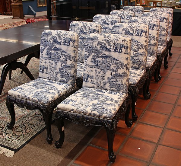 (lot of 10) Ralph Lauren for Henredon Chippendale style: (lot of 10) Ralph Lauren for Henredon Chippendale style dining chairs, each having a rectangular back with blue and white upholstery decorated in the Asian taste, and rising on carved cabriole legs, 4