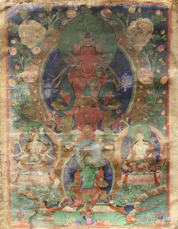 Himalayan thangka, Amitayus: Himalayan thangka, Amitayus, ink and color on textile, the red bodied bodhisattva seated holding an amphora, the lower section with three female deities including Taras, 16.25"h x 12.25"w. Provenance: