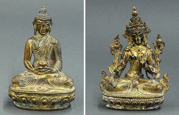 Two Himalayan Bronze Buddha/Tara: (lot of 2) Himalayan gilt bronze Buddhist figures, one of the Buddha seated with an alms bowl; the other of Tara flanked by two lotus sprigs to either side, seated on a lotus pedestal, 5.5"h. Provenan