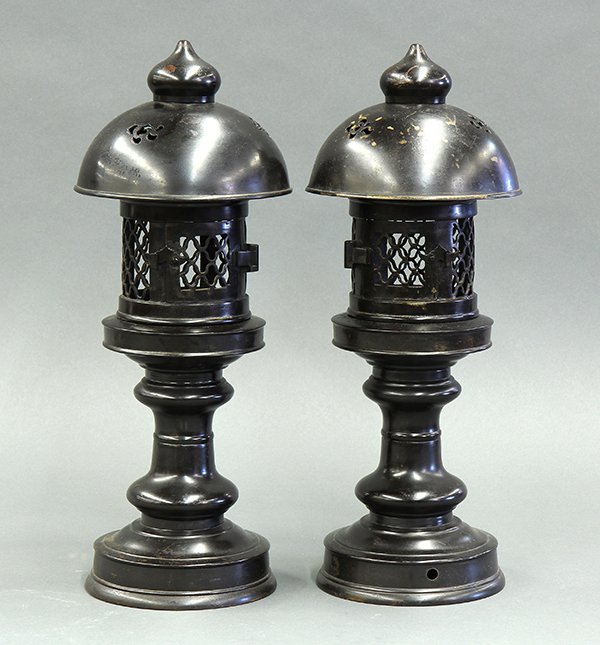 Japanese Buddhist Temple Bronze Lanterns: (lot of 2) Japanese Buddhist patinated bronze temple lanterns of toro shape, pierced work with a latched door, overall approx. 15.75"h