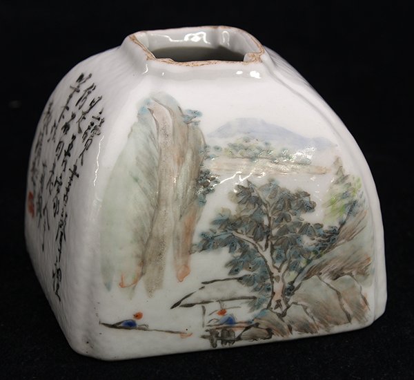 Chinese Square Brush Washer: Chinese enameled square form porcelain brush washer, one side decorated with a landscape, one with flowers and birds, two sides with colophons, bearing signature 'Qinghe Ao Shaoquan', base with 'guan 