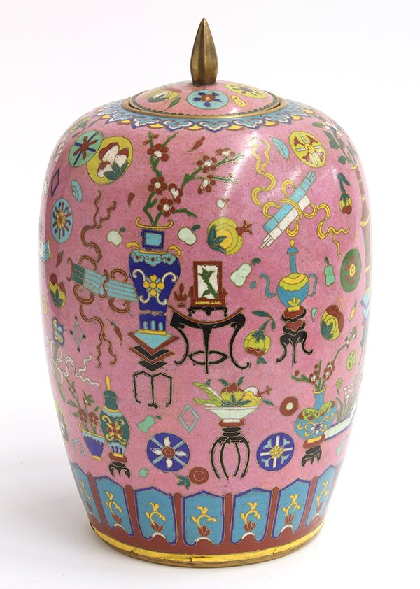 Chinese Cloisonne Covered Pink Jar: Chinese cloisonne jar covered by a small lid, the tapering body with treasure and fruits on a pink ground, 14"h. Provenance: From the estate of Edward Gerber