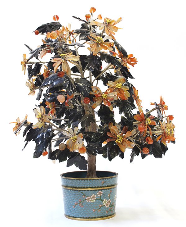 Chinese 'Jade' Plant in Cloisonne Pot: Chinese jade/hardstone plant in cloisonne flower pot, with carnelian flower petals and dark green leaves, the cylindrical pot with butterflies and cherry blossoms on turquoise-blue ground, overall app