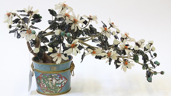 Chinese 'Jade' Plant in Cloisonne Flower Pot: Chinese jade/hardstone plant in cloisonne flower pot, with off-white blossoms, aventurine quartz buds and dark green leaves, the pot decorated with cranes in the reserves on turquoise-blue ground, fla