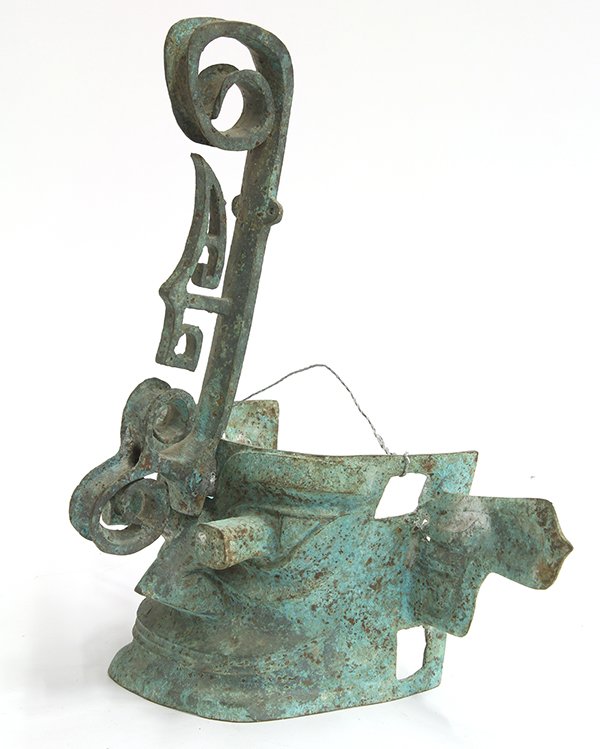 Chinese Archaistic Bronze Head, San Xing Dui: Chinese Sanxingdui style archaistic bronze, the head with protruding eyes and flange ears, mounted with a separate scrolling horn, 13.75"h
