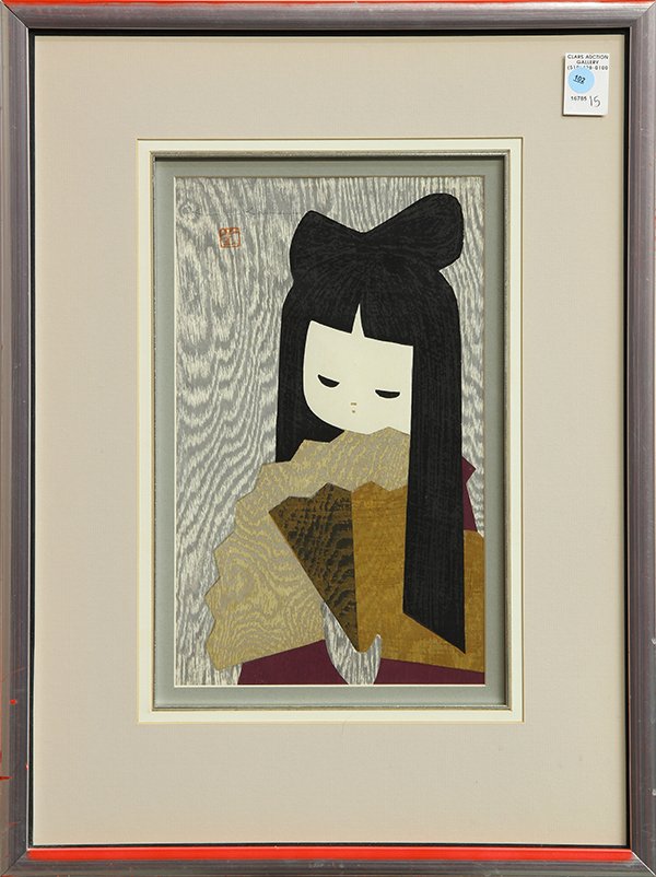 Japanese Woodblock Print, Kawano Kaoru: Kawano Kaoru (Japanese, 1916-1965), 'Girl with Fan', woodblock print, upper left with the signature and seal, sight: 14.5"h x 10"w, overall (frame): 25"h x 18.75"w