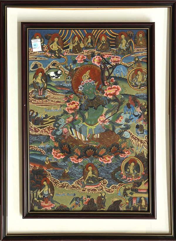 Himalayan Thangka, Green Tara: Himalayan painted thangka, Green Tara, seated landscape accented by other deities, overall (frame): 34"h x 25.5"w. Provenance: From the estate of Edward Gerber