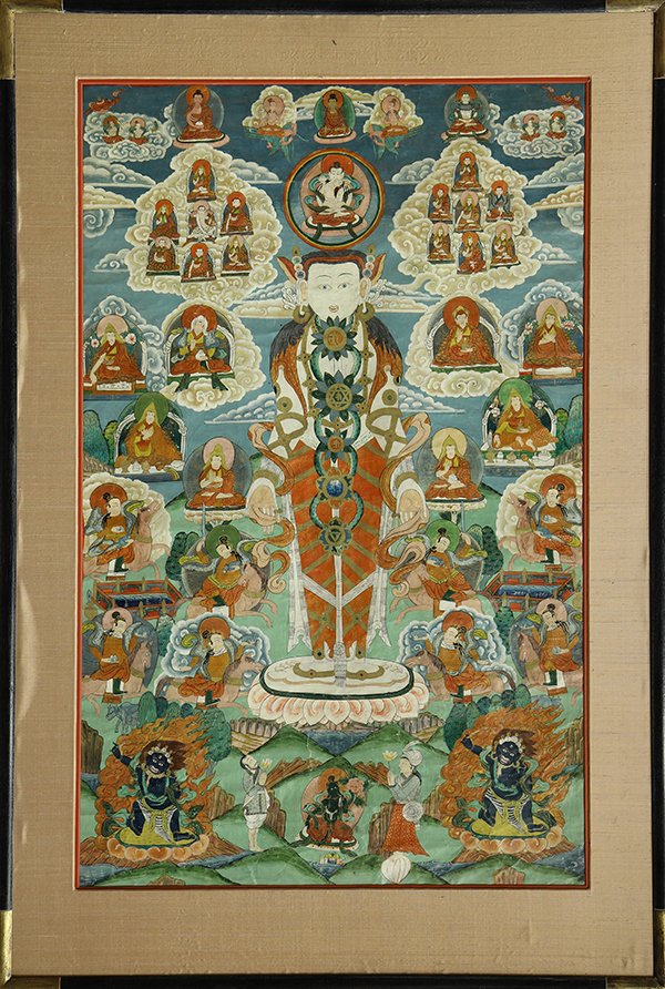 Himalayan Thangka Painting: Himalayan painted thangka, ink and color on textile, with a central standing bodhisattva accompanied by various deities and Buddhist patriarchs, overall (frame): 40.75"h x 28.25"w